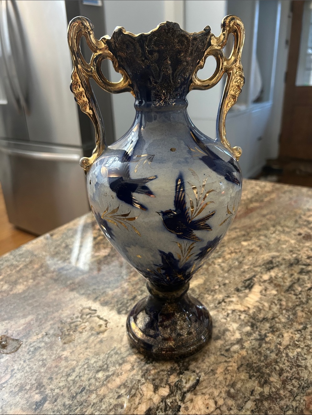 Blue and Gold Porcelain Bird Motif Decorative Vase